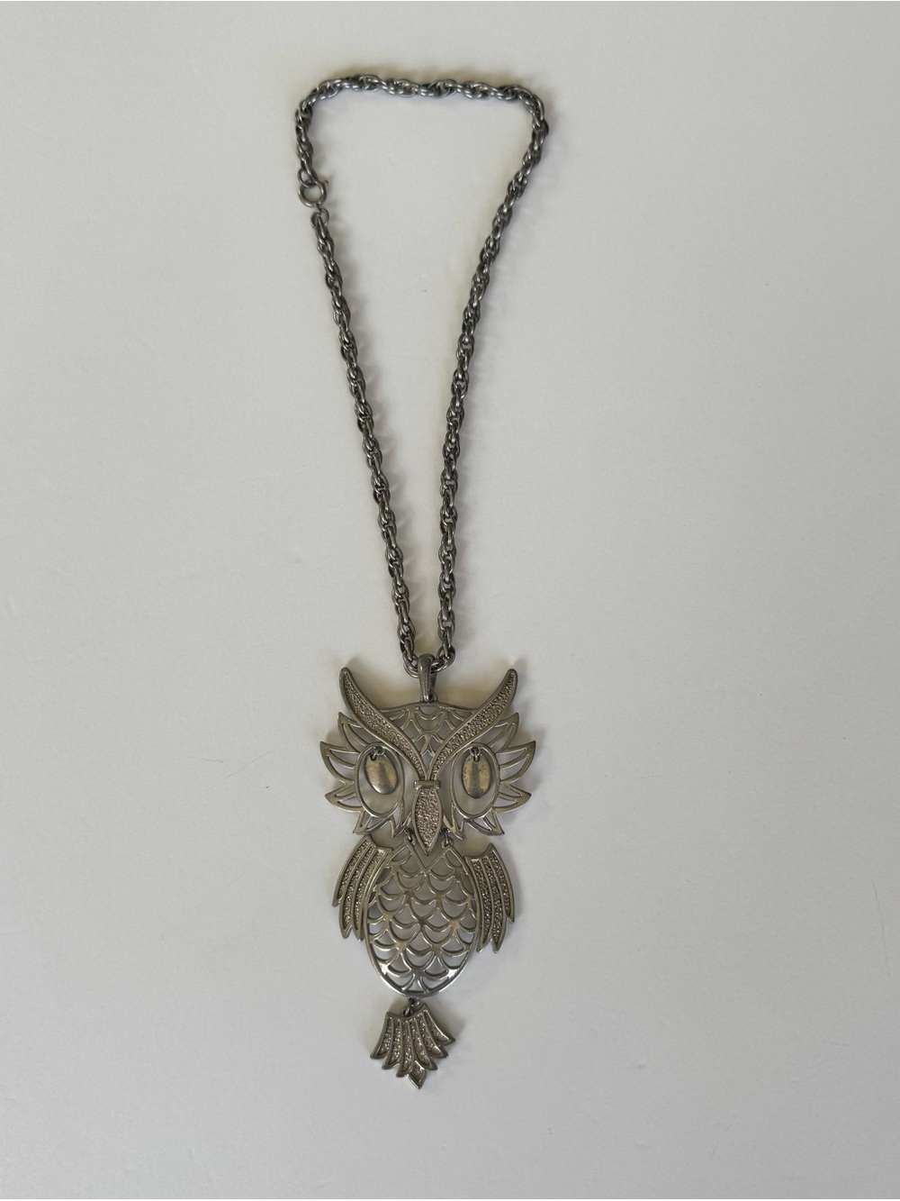 Owl Articulated Pendant Necklace 3 Tiered Silver Tone Large Vintage